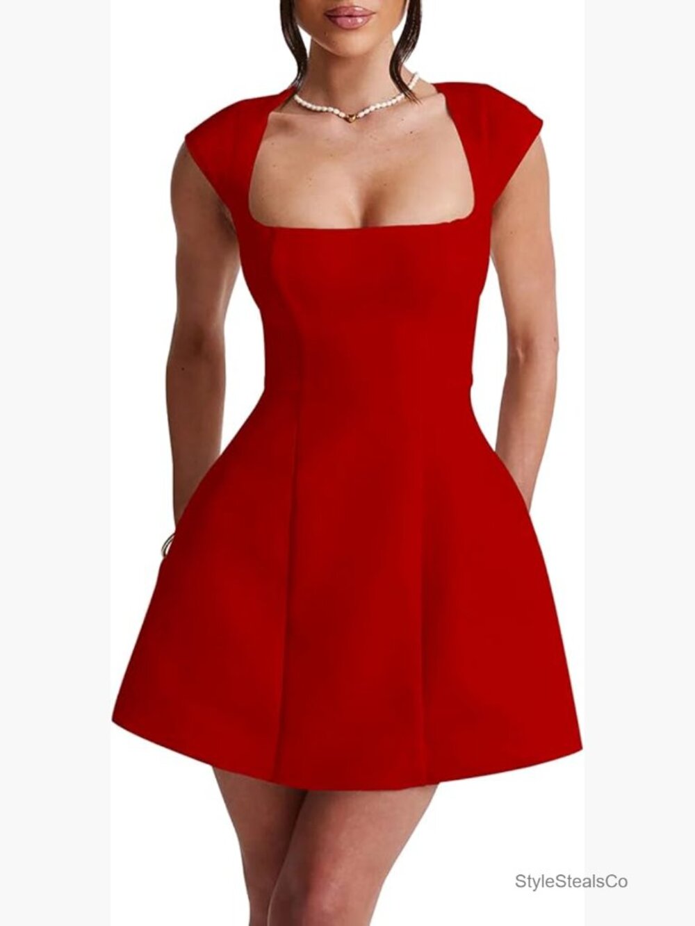 Square Neck Cap Sleeve Fully Lined Mini Dress A Line Party Club Zipper Back